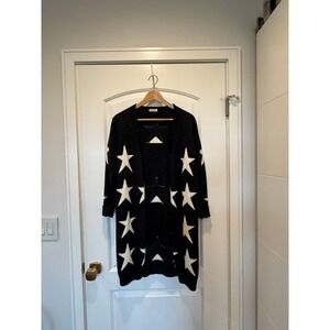 Eall.cz 100% Wool Star Cardigan Duster Sweater Open Front Knit Cozy Black White